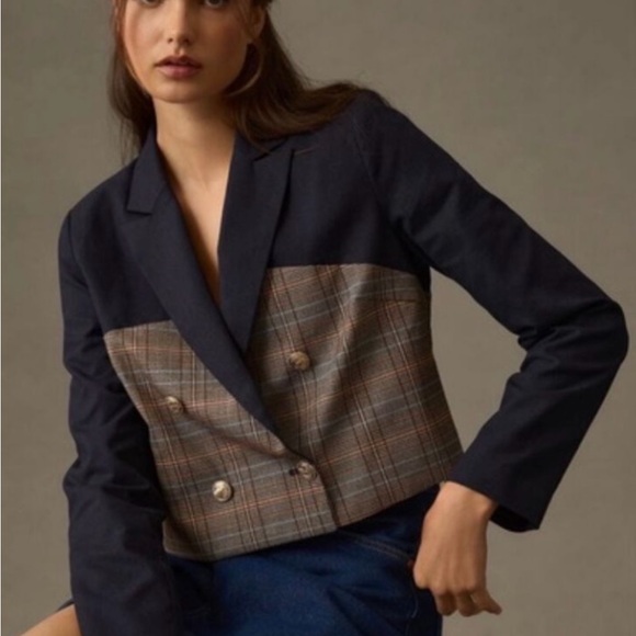 Anthropology Dolan Navy and Brown Plaid Double Breasted Blazer. - Picture 2 of 10